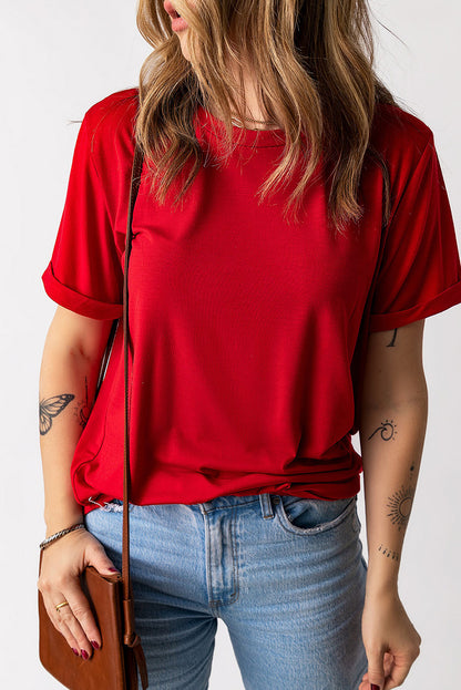 Green Plain Solid Color Crew Neck Tee