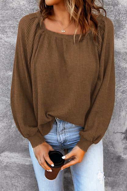 Pink Waffle Texture Casual Square Neck Pullover Top
