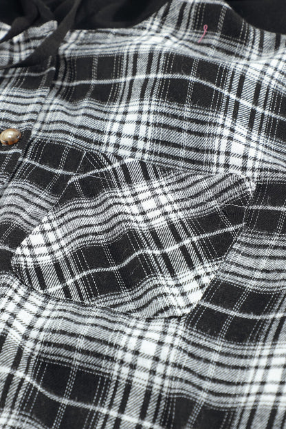Khaki Drawstring Plaid Hooded Shirt Shacket