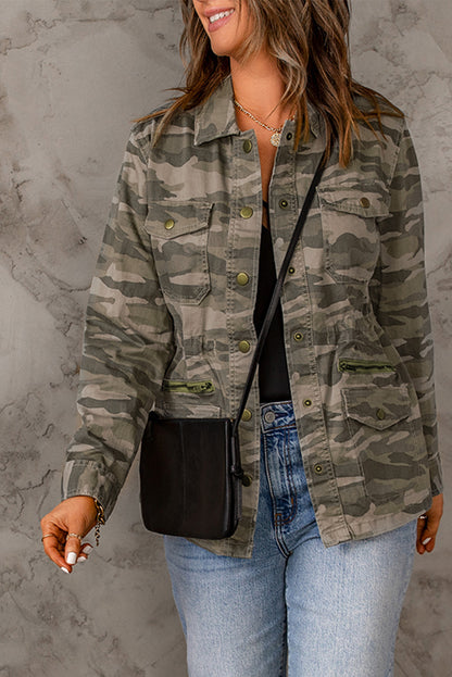 Green Camo Print Pockets Button Up Jacket