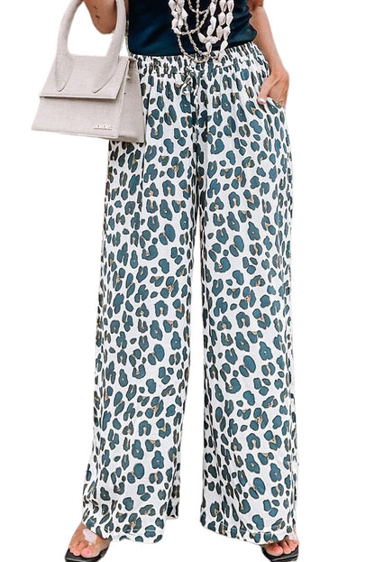 White Leopard Print Casual Drawstring Pocketed Wide Leg Pants