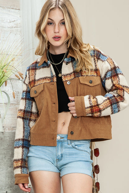 Khaki Plaid Corduroy Flap Pockets Boxy Chunky Jacket