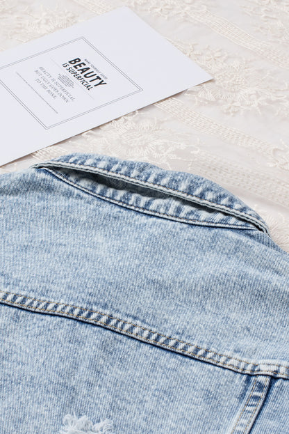Black Casual Distressed Raw Hem Buttons Denim Jacket