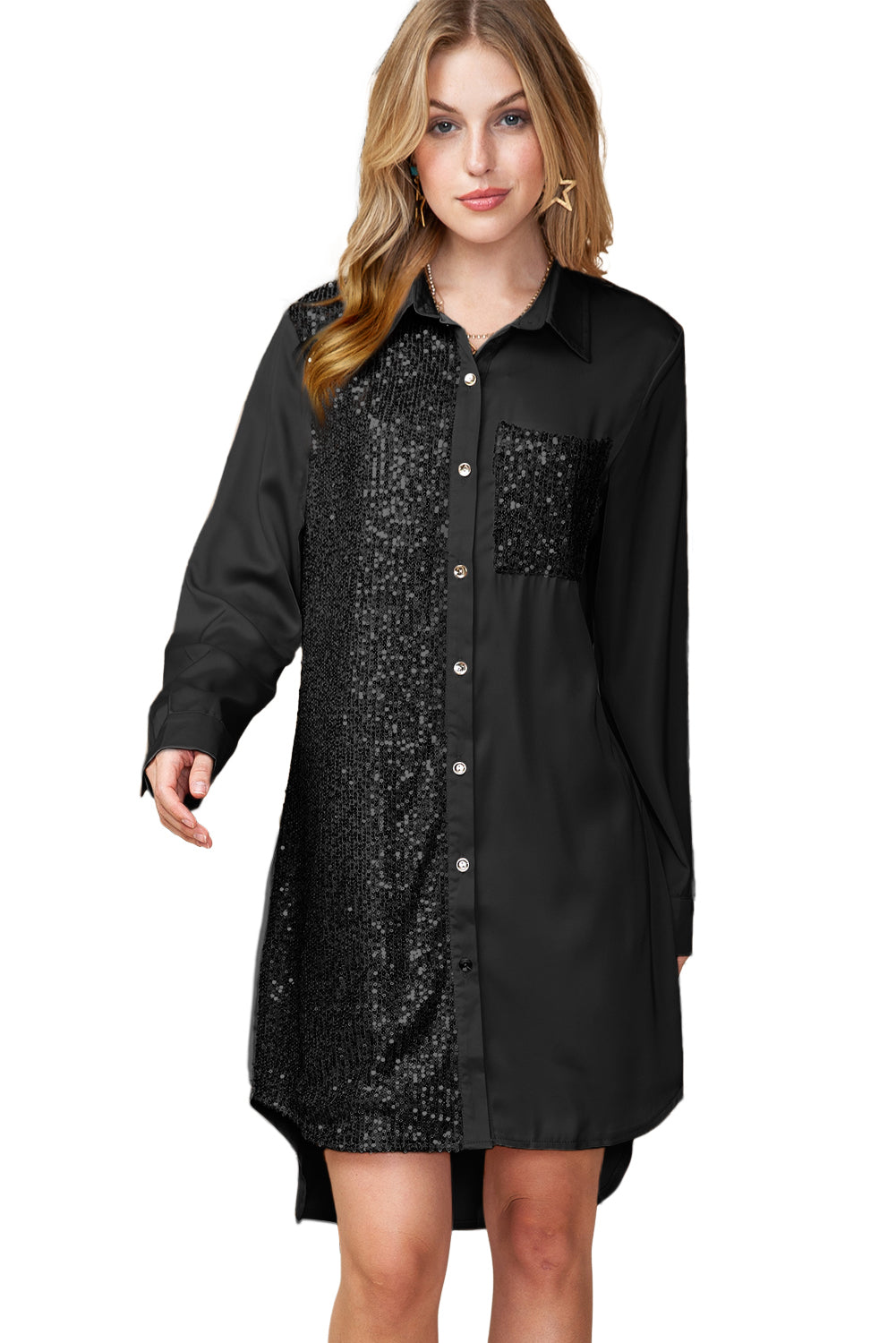 Khaki Sequin Splicing Pocket Button Shirt Dress