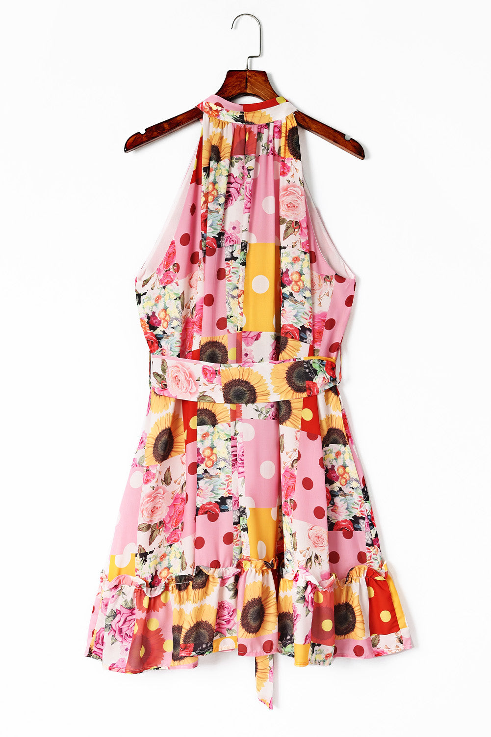 Floral Print Buttoned Waist Belted Sleeveless Flounce Hem Halter Dress