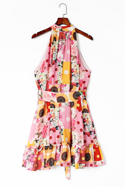 Floral Print Buttoned Waist Belted Sleeveless Flounce Hem Halter Dress