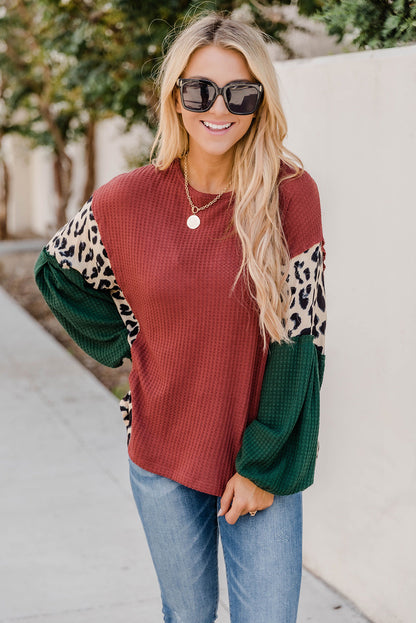 Brown Waffle Leopard Splicing Bishop Sleeve Top