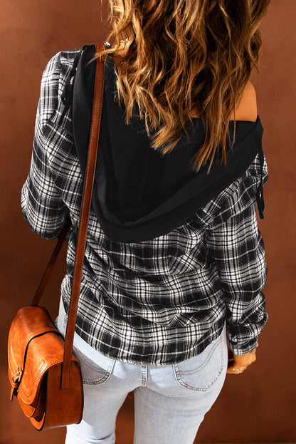 Khaki Drawstring Plaid Hooded Shirt Shacket