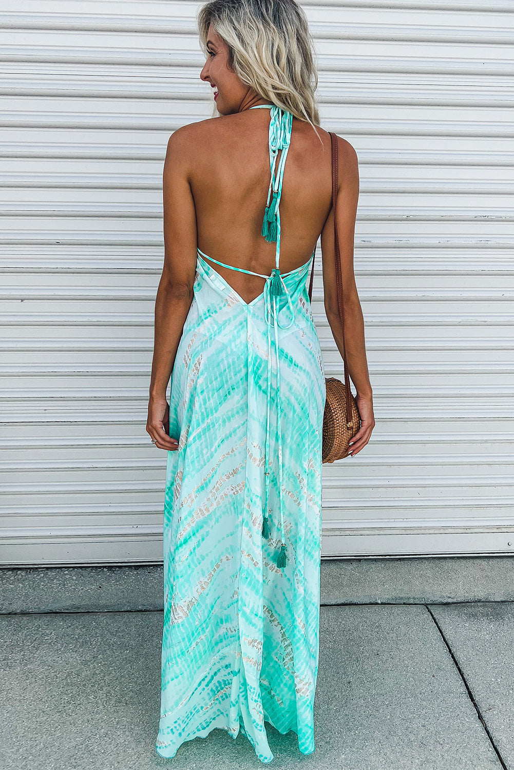 Green Tie Dye Print Lace-up Halter Open Back V Neck Maxi Dress