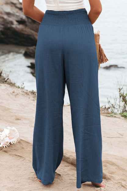 Brown Smocked Wide Waistband High Waist Wide Leg Pants