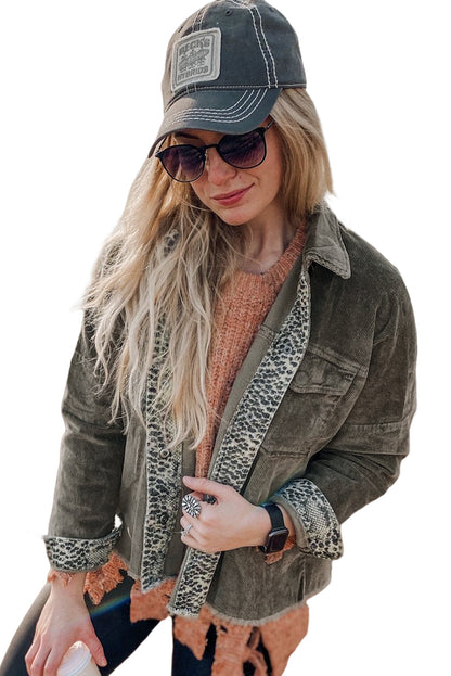 Grey Contrast Snakeskin Trim Pocketed Corduroy Shacket