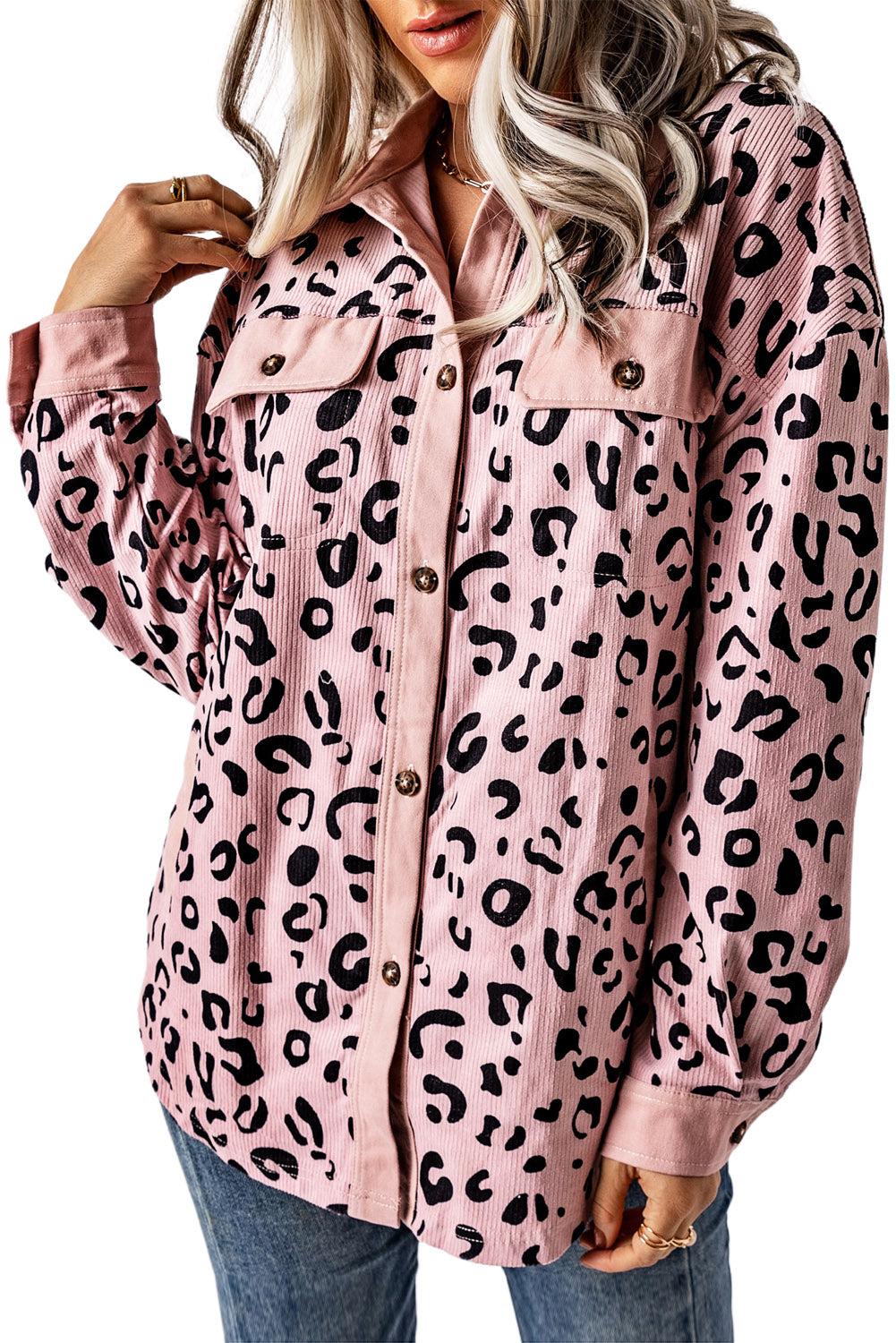 Apricot Leopard Collared Neckline Flap Pockets Corduroy Shacket
