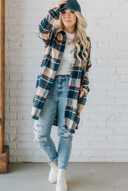 Apricot Plaid Pockets Mid-Length Shacket
