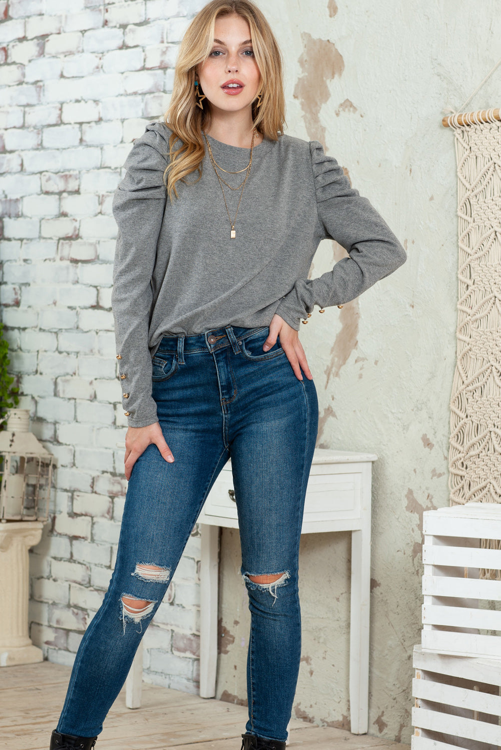 Green Basic Buttoned Puff Long Sleeve Sheath Top