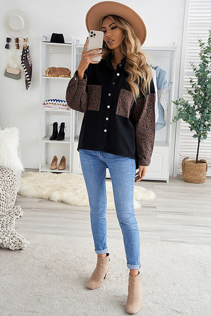 Black Contrast Leopard Denim Shacket