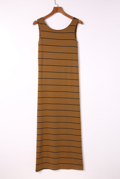 Brown Striped Backless Casual Side Slits Maxi Dress