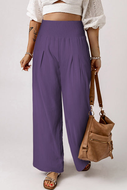 Brown Smocked Wide Waistband High Waist Wide Leg Pants