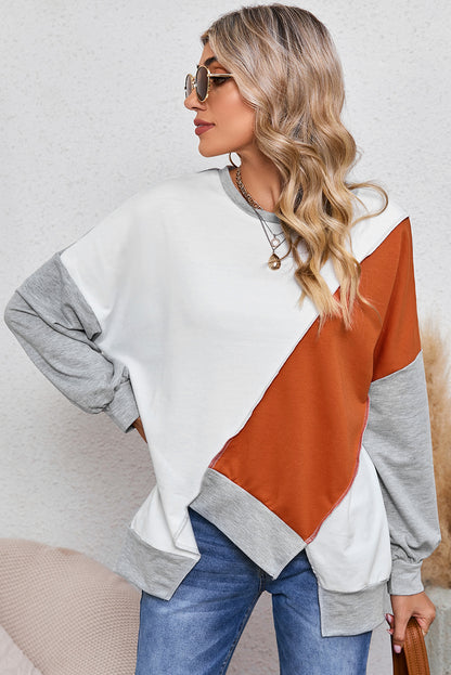 Pink Colorblock Stitching Irregular Hem Long Sleeve Top