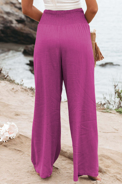 Brown Smocked Wide Waistband High Waist Wide Leg Pants