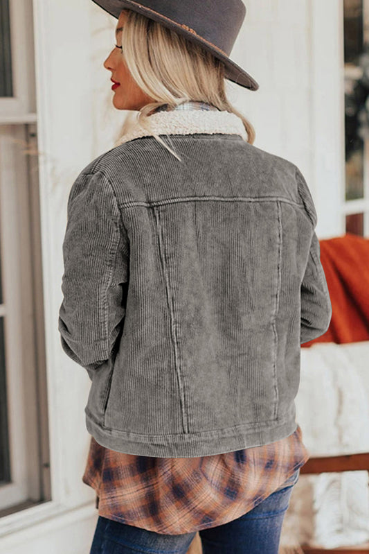 Gray Sherpa Snap Flap Pocket Cropped Corduroy Jacket