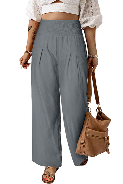 Brown Smocked Wide Waistband High Waist Wide Leg Pants