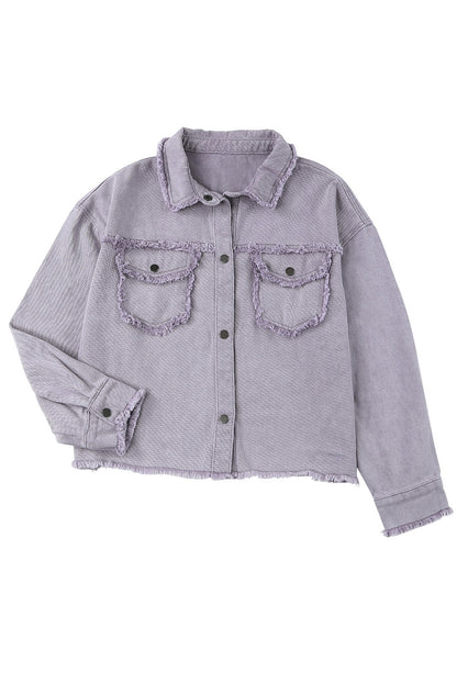Green Distressed Flap Pockets Frayed Hem Denim Jacket