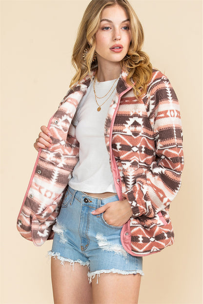 Pink Geometric Colorblock Snap Button Sherpa Jacket