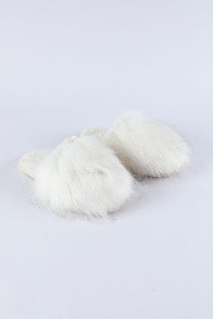 White Fuzzy Round Toe Home Slippers
