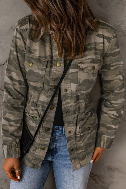 Green Camo Print Pockets Button Up Jacket