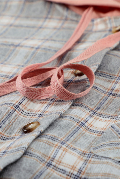 Khaki Drawstring Plaid Hooded Shirt Shacket