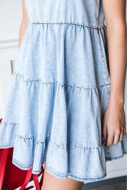 Light Blue Adjustable Straps Casual Tiered Ruffle Denim Dress