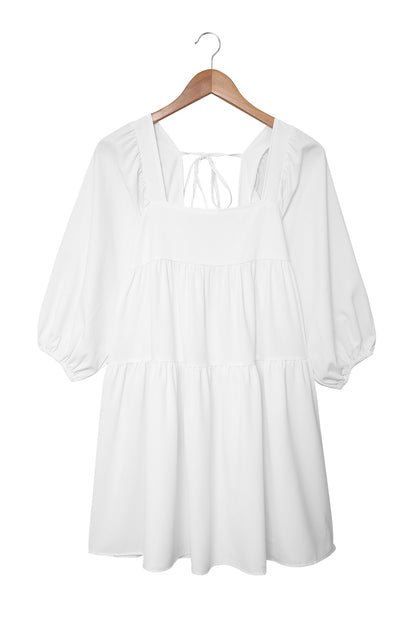 White Square Neck Ruched Casual Short Dress