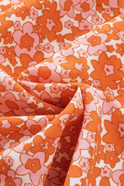 Orange Boho Floral Print Shirred Thin Straps Romper