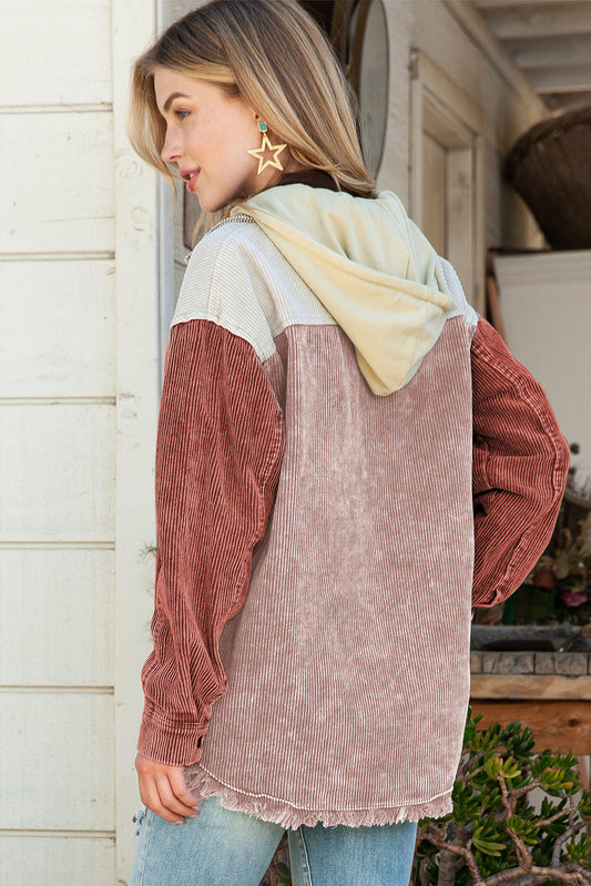 Pink Colorblock Raw Hem Patchwork Hooded Corduroy Jacket