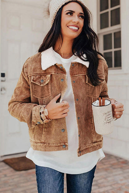Gray Sherpa Snap Flap Pocket Cropped Corduroy Jacket