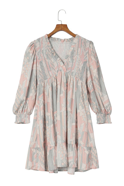 Multicolor Abstract Print Bishop Sleeve Smocked V Neck Dress