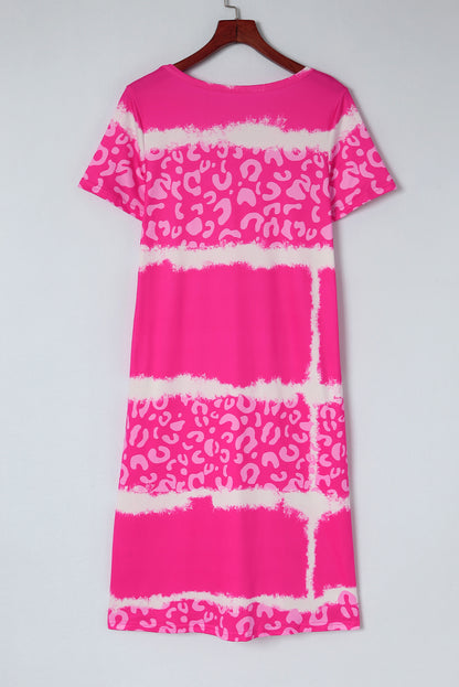 Rose Leopard Tie Dye Color Block V-Neck T-Shirt Dress