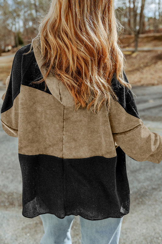Khaki Dark Washed Patchwork Zip Up Hooded Jacket
