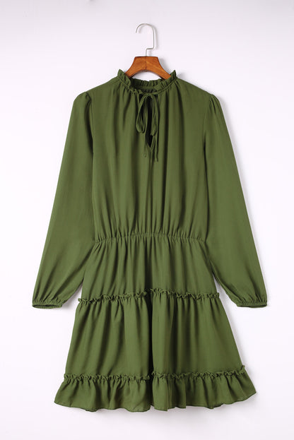 Olive Green Casual Lantern Sleeve V Neck Short Tiered Dress