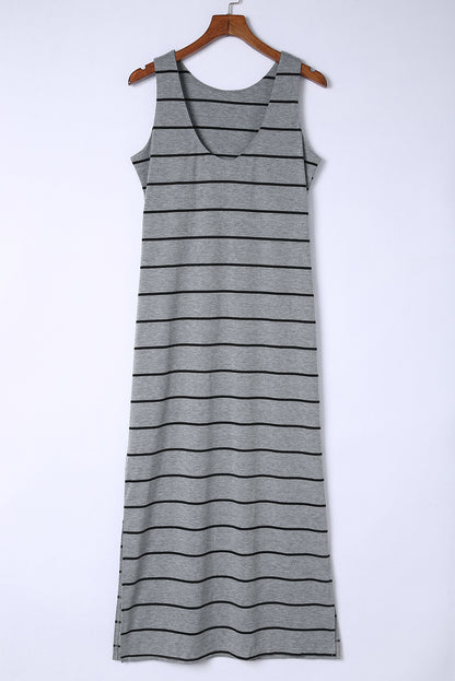 Brown Striped Backless Casual Side Slits Maxi Dress