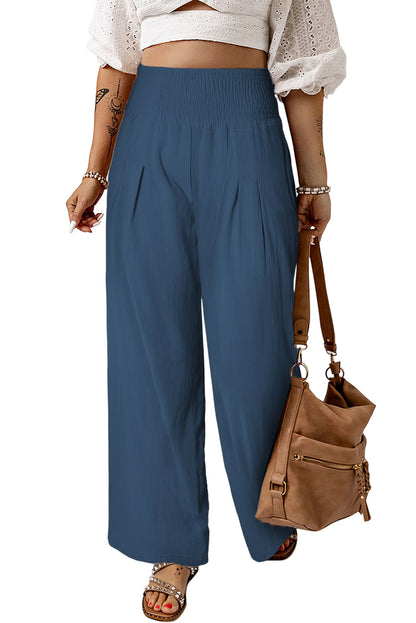 Brown Smocked Wide Waistband High Waist Wide Leg Pants