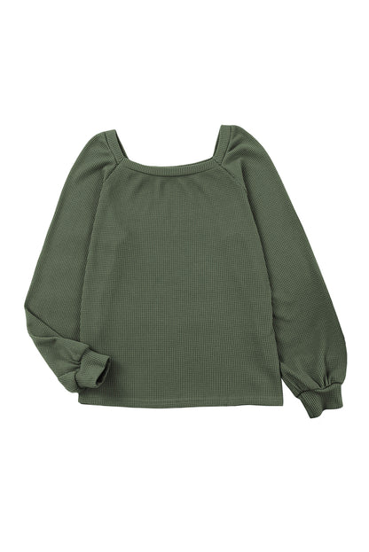 Pink Waffle Texture Casual Square Neck Pullover Top