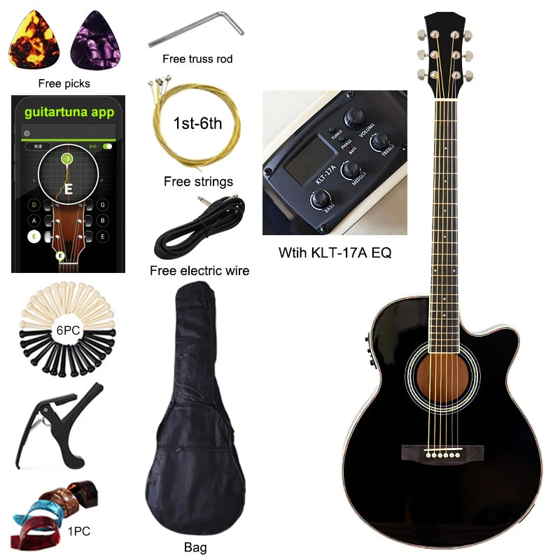 40" Beginner's Thin Body Acoustic Electric Guitar Kit with Accessories - Various Colours