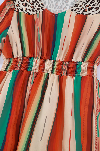 Multicolor Striped and Leopard Print Flounce Hem Short Dress