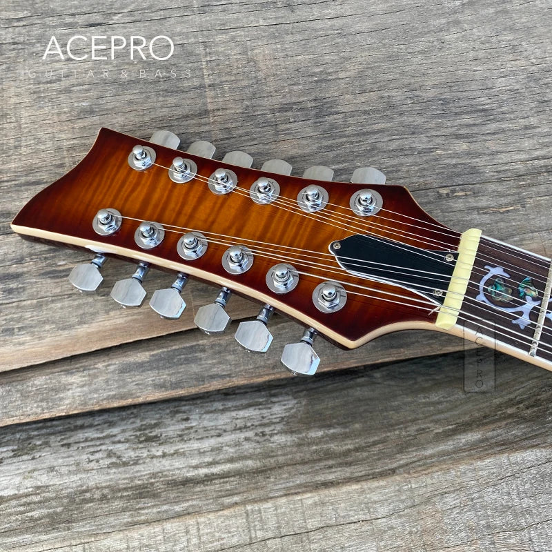 GROTE 12 String F holes Semi Hollow Body Electric Guitar (Sunburst Flamed Maple with Abalone Flower Inlays)