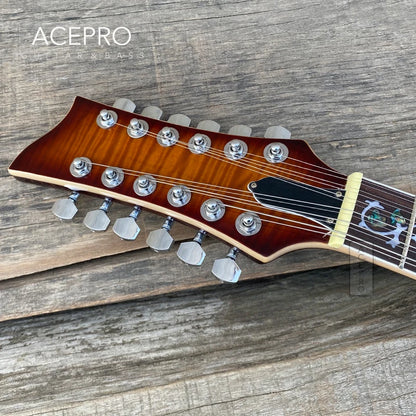 GROTE 12 String F holes Semi Hollow Body Electric Guitar (Sunburst Flamed Maple with Abalone Flower Inlays)