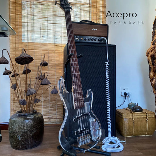 5 String LED Acrylic Electric Bass Guitar, Maple Neck Rosewood Fingerboard