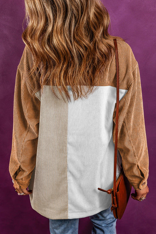 Multicolor Patchwork Chest Pocket Loose Corduroy Shacket