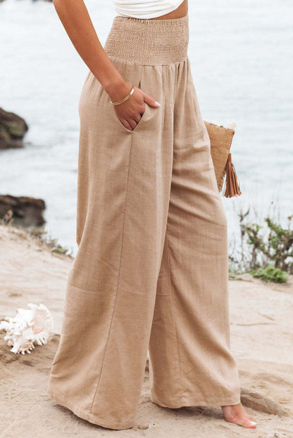 Brown Smocked Wide Waistband High Waist Wide Leg Pants