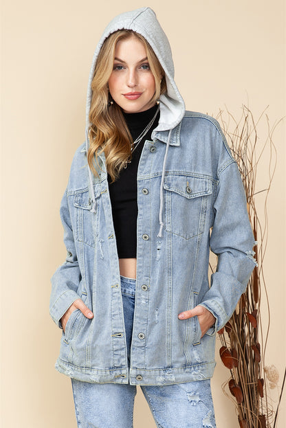 Light Blue Button Up Ripped Hooded Denim Jacket